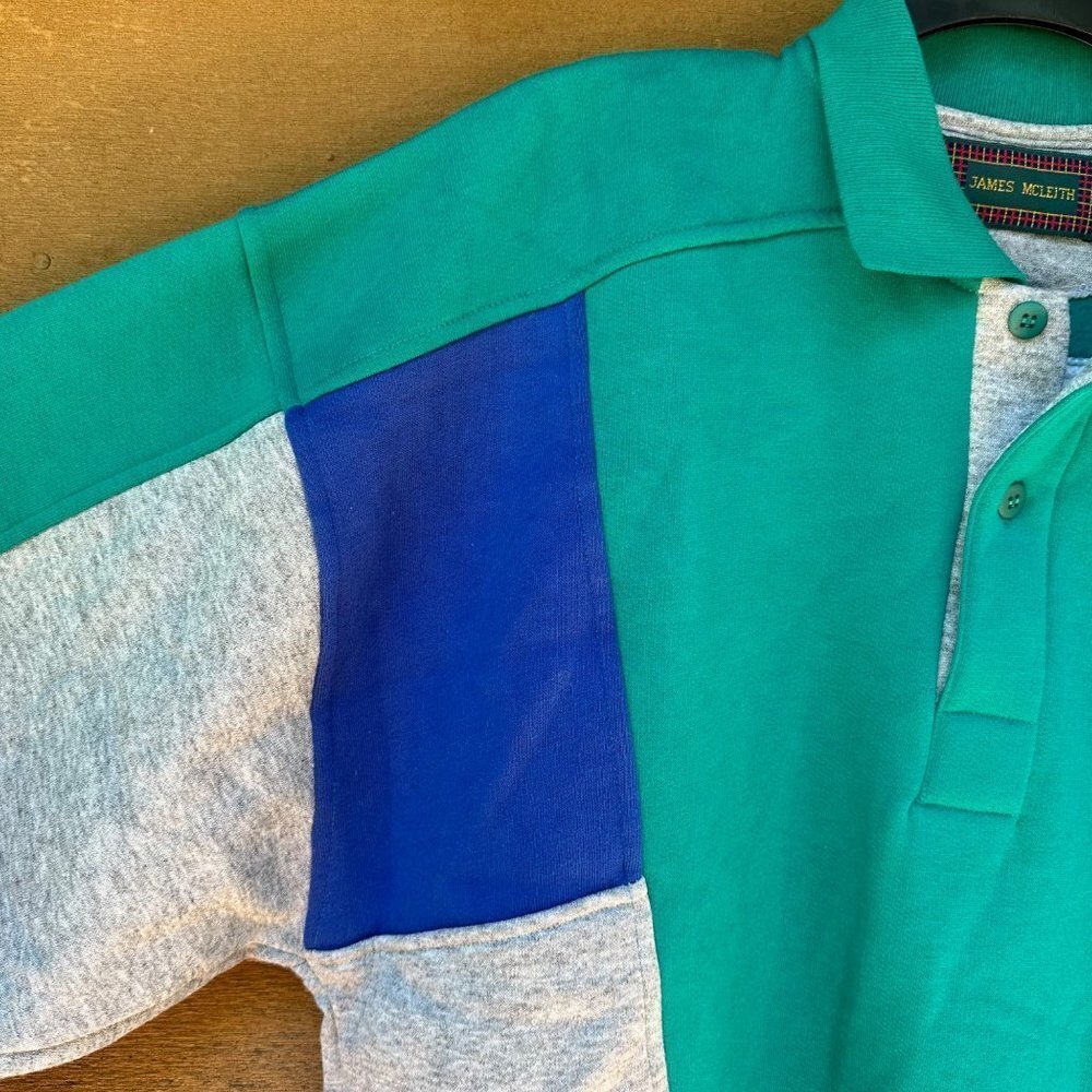 Vintage James McLeith Collard Sweater  Teal Grey Blue With Pockets Sweatshirt Si - Picture 5 of 10